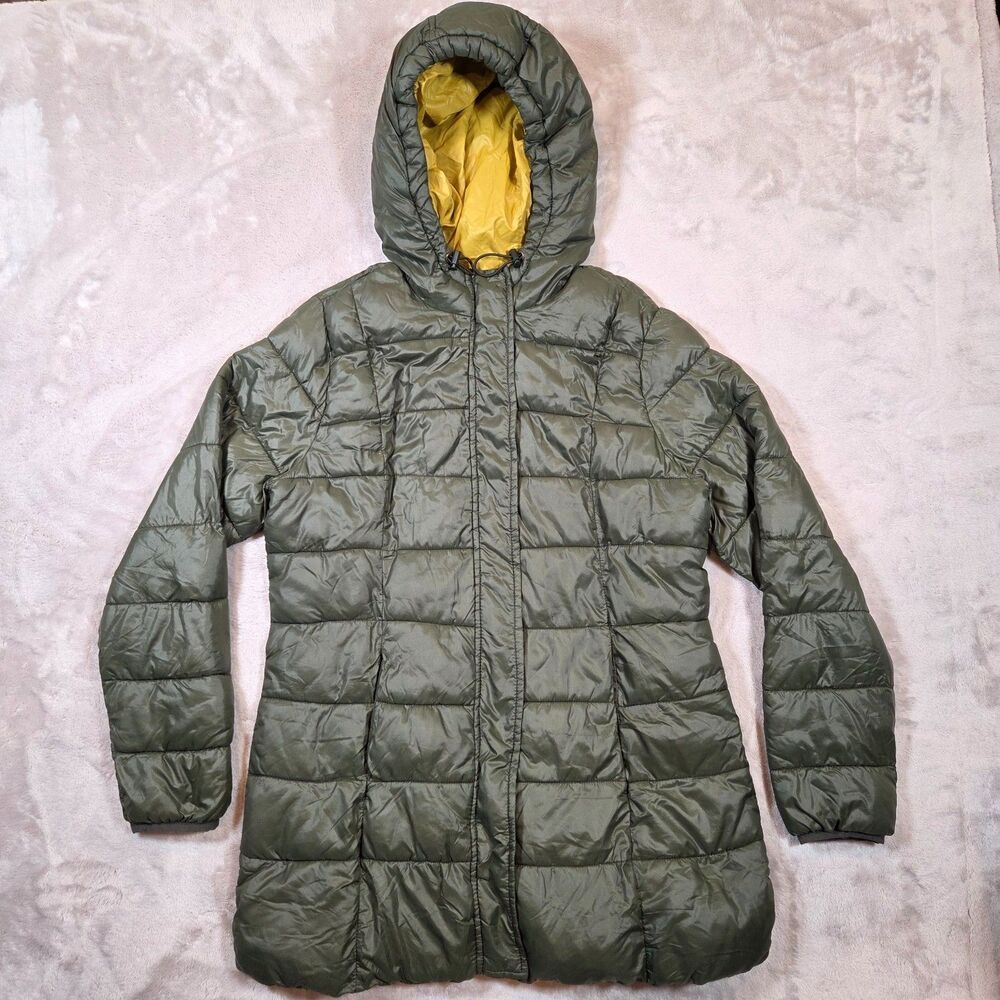 Old Navy Women’s M Olive Green Long Hooded Puffer Coat Quilted Winter